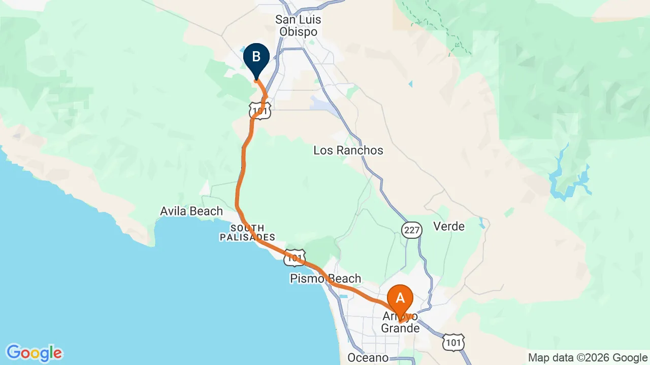 Map of the driving route from Arroyo Grande to Momentum Chiropractic in San Luis Obispo