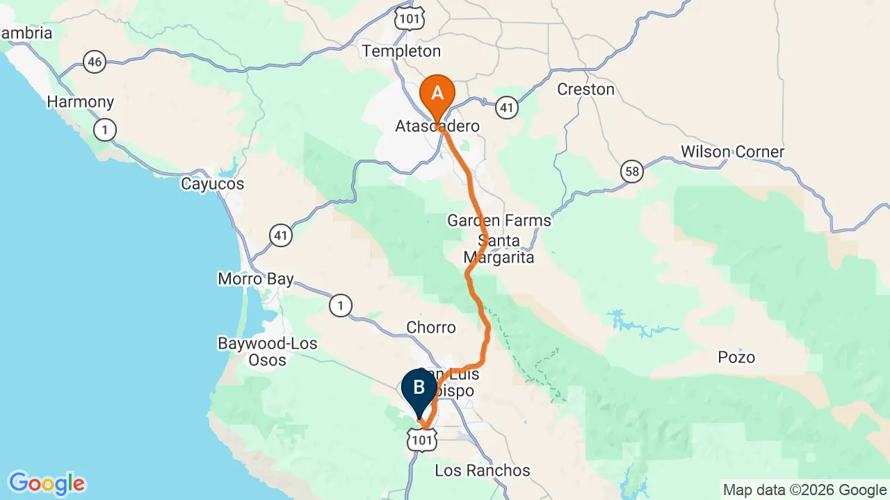 Map of the driving route from Atascadero to Momentum Chiropractic in San Luis Obispo