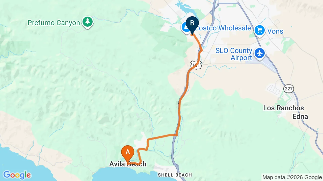 Map of the driving route from Avila Beach to Momentum Chiropractic in San Luis Obispo