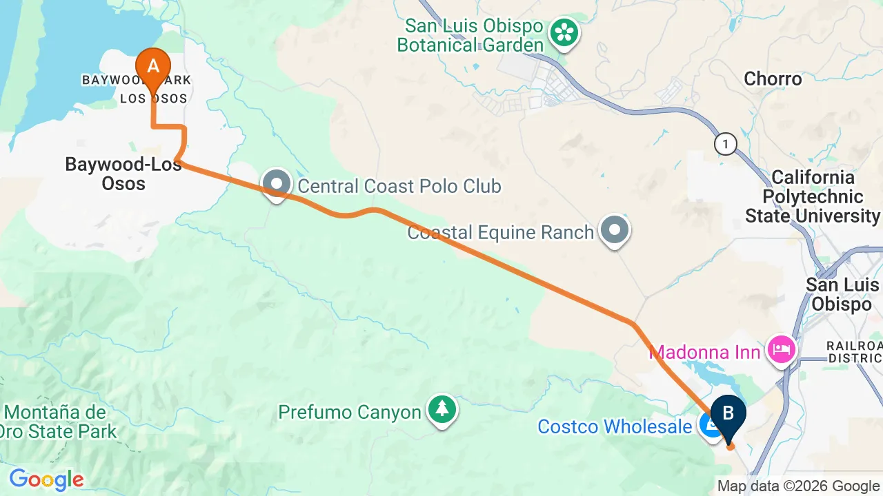 Map of the driving route from Baywood Park to Momentum Chiropractic in San Luis Obispo