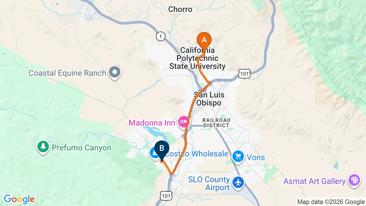 Map of the driving route from Cal Poly San Luis Obispo to Momentum Chiropractic in San Luis Obispo