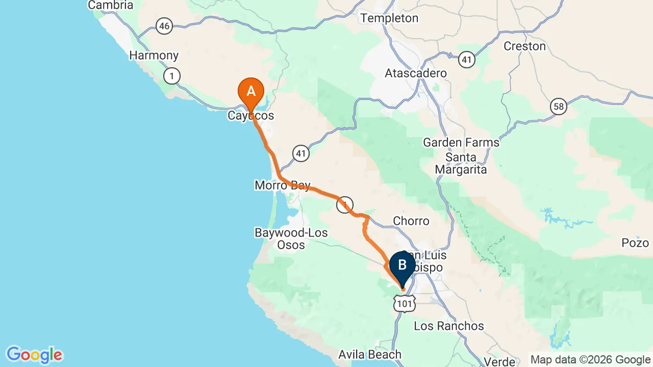 Map of the driving route from Cayucos to Momentum Chiropractic in San Luis Obispo