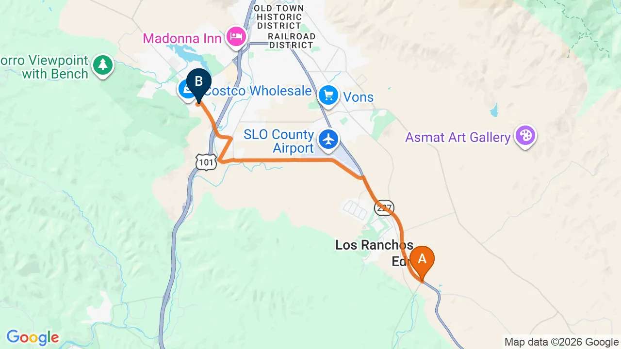 Map of the driving route from Edna Valley to Momentum Chiropractic in San Luis Obispo