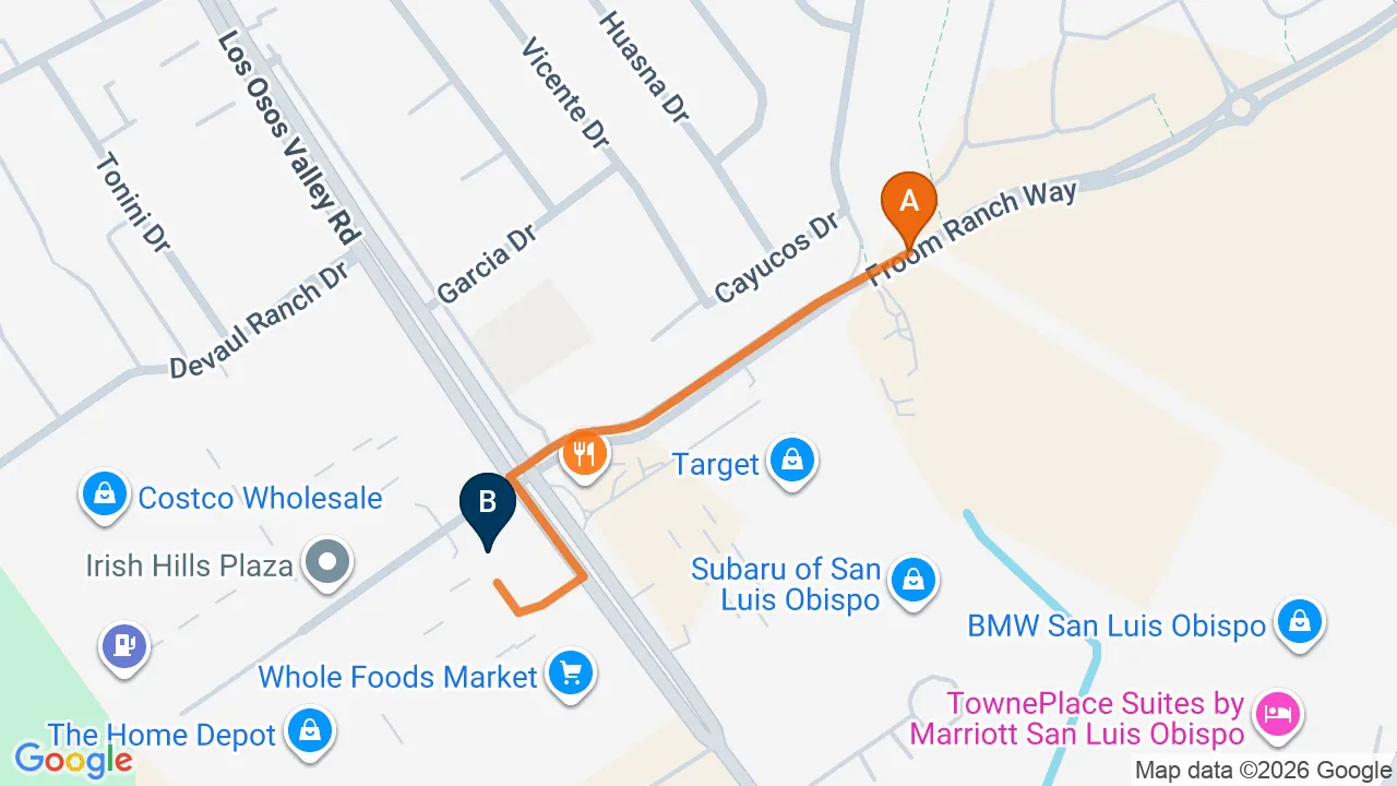 Map of the driving route from Froom Ranch to Momentum Chiropractic in San Luis Obispo