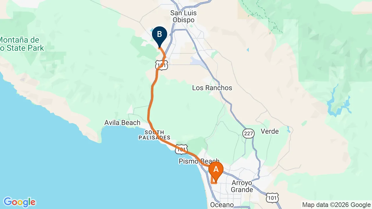 Map of the driving route from Grover Beach to Momentum Chiropractic in San Luis Obispo