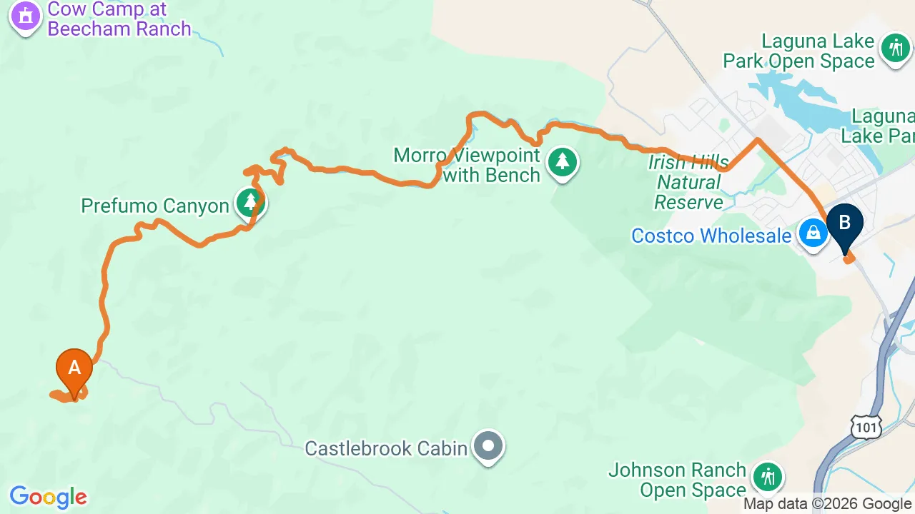 Map of the driving route from Irish Hills to Momentum Chiropractic in San Luis Obispo