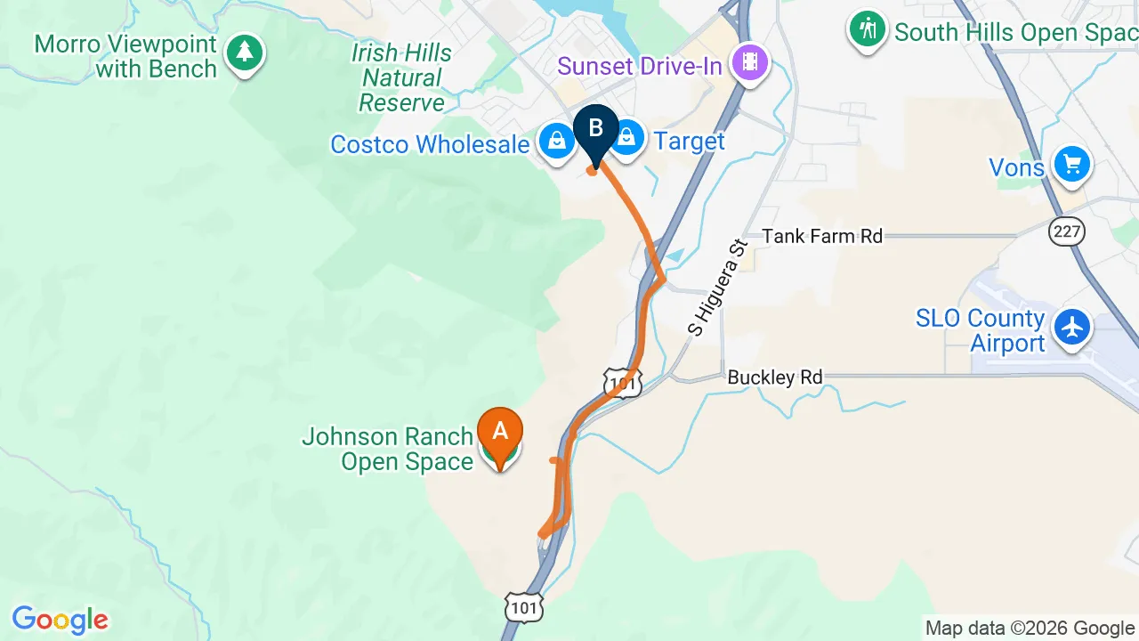 Map of the driving route from Johnson Ranch to Momentum Chiropractic in San Luis Obispo