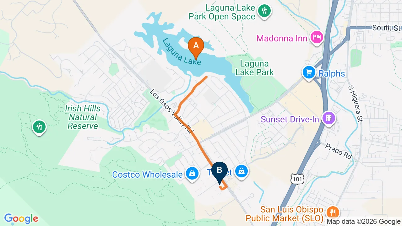 Map of the driving route from Laguna Lake to Momentum Chiropractic in San Luis Obispo