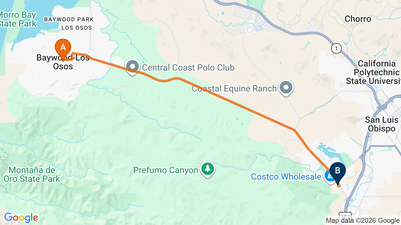 Map of the driving route from Los Osos to Momentum Chiropractic in San Luis Obispo