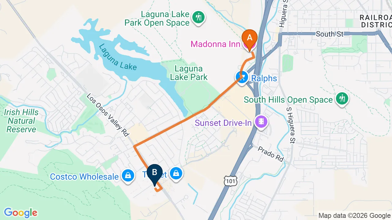 Map of the driving route from Madonna Road Corridor to Momentum Chiropractic in San Luis Obispo