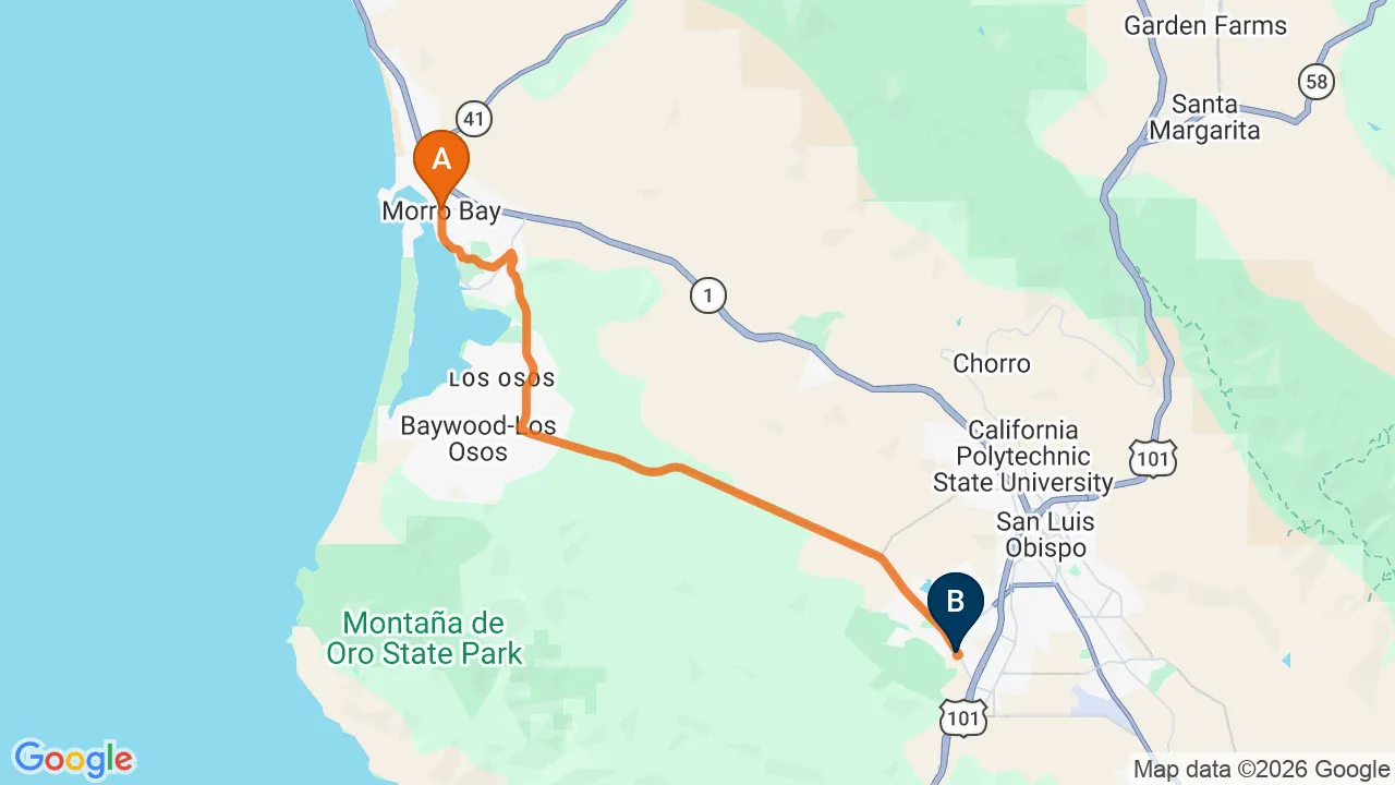 Map of the driving route from Morro Bay to Momentum Chiropractic in San Luis Obispo