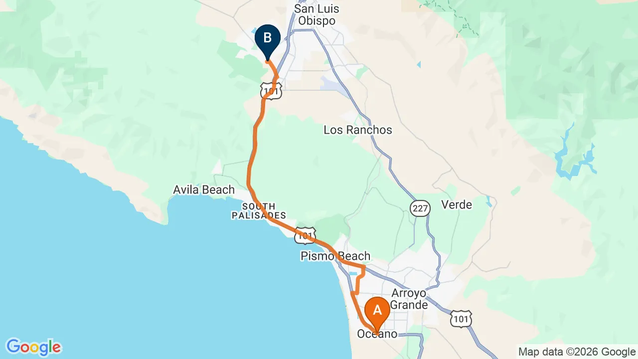 Map of the driving route from Oceano to Momentum Chiropractic in San Luis Obispo