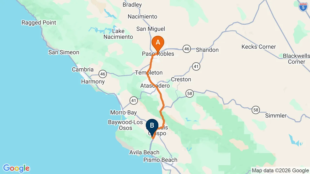 Map of the driving route from Paso Robles to Momentum Chiropractic in San Luis Obispo