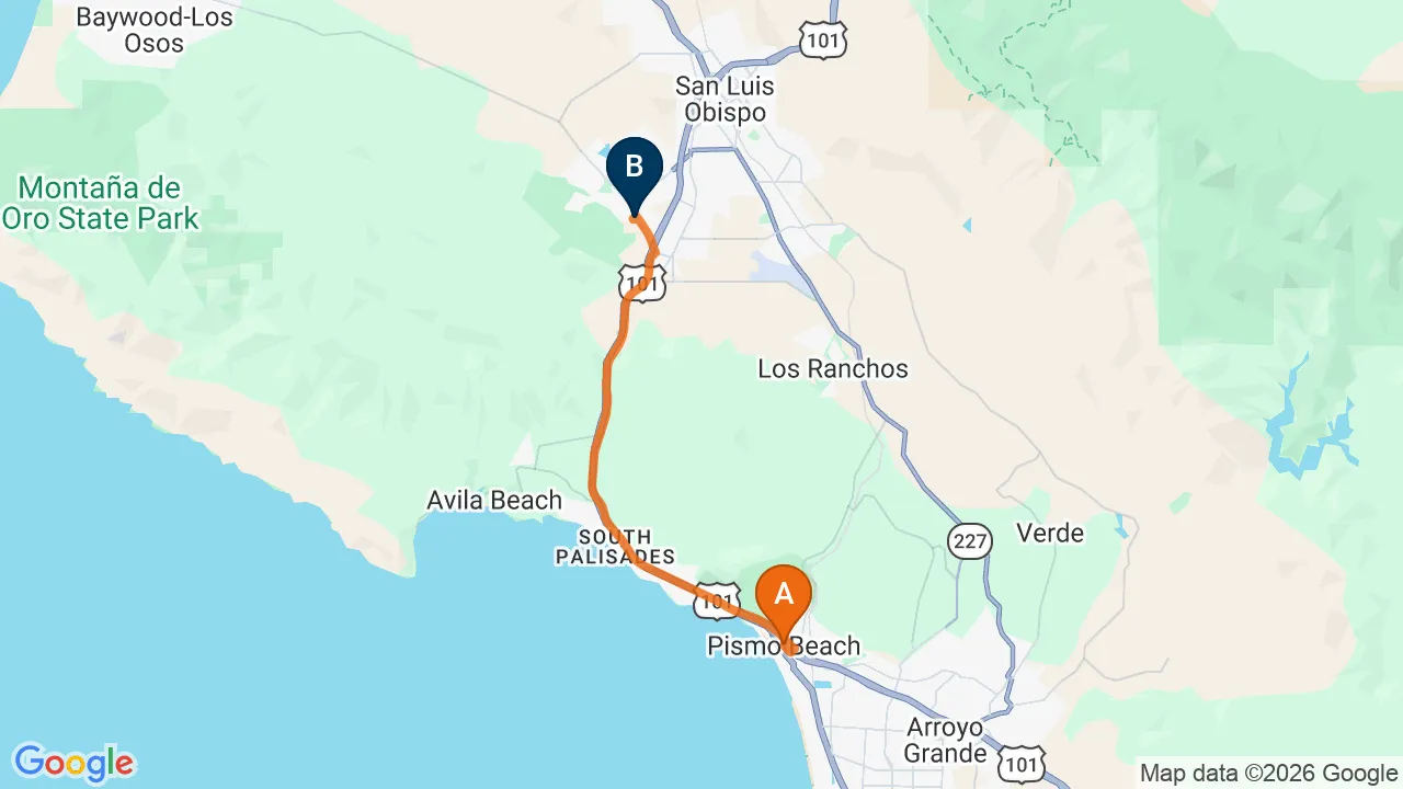Map of the driving route from Pismo Beach to Momentum Chiropractic in San Luis Obispo