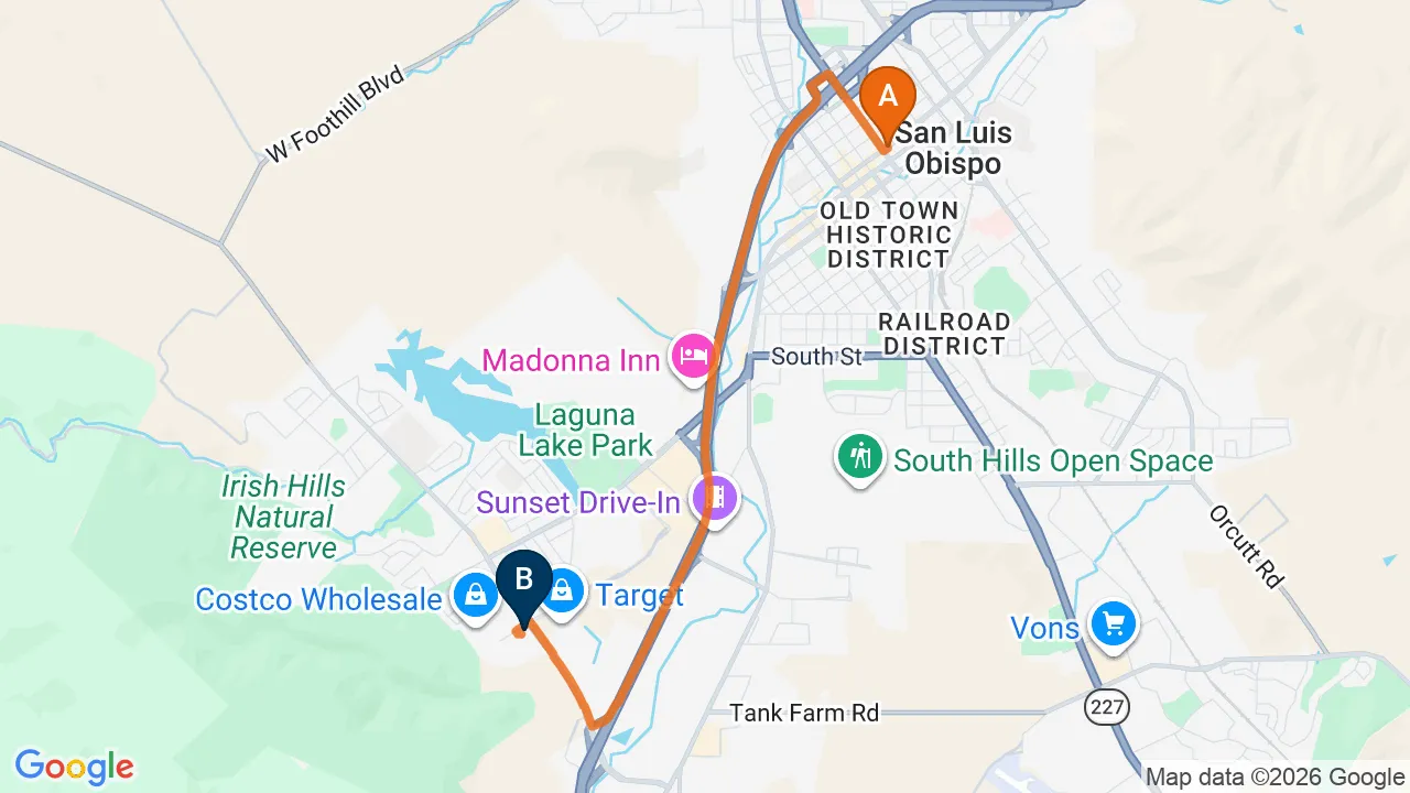 Map of the driving route from San Luis Obispo to Momentum Chiropractic in San Luis Obispo