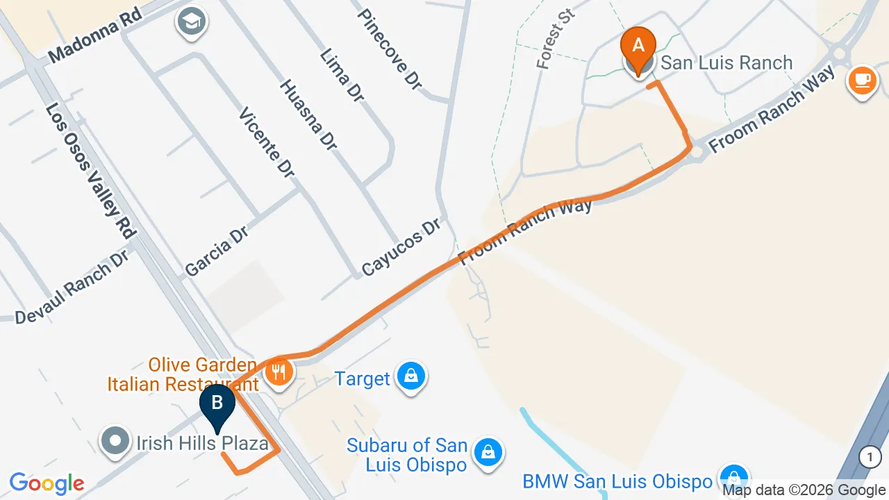 Map of the driving route from San Luis Ranch to Momentum Chiropractic in San Luis Obispo