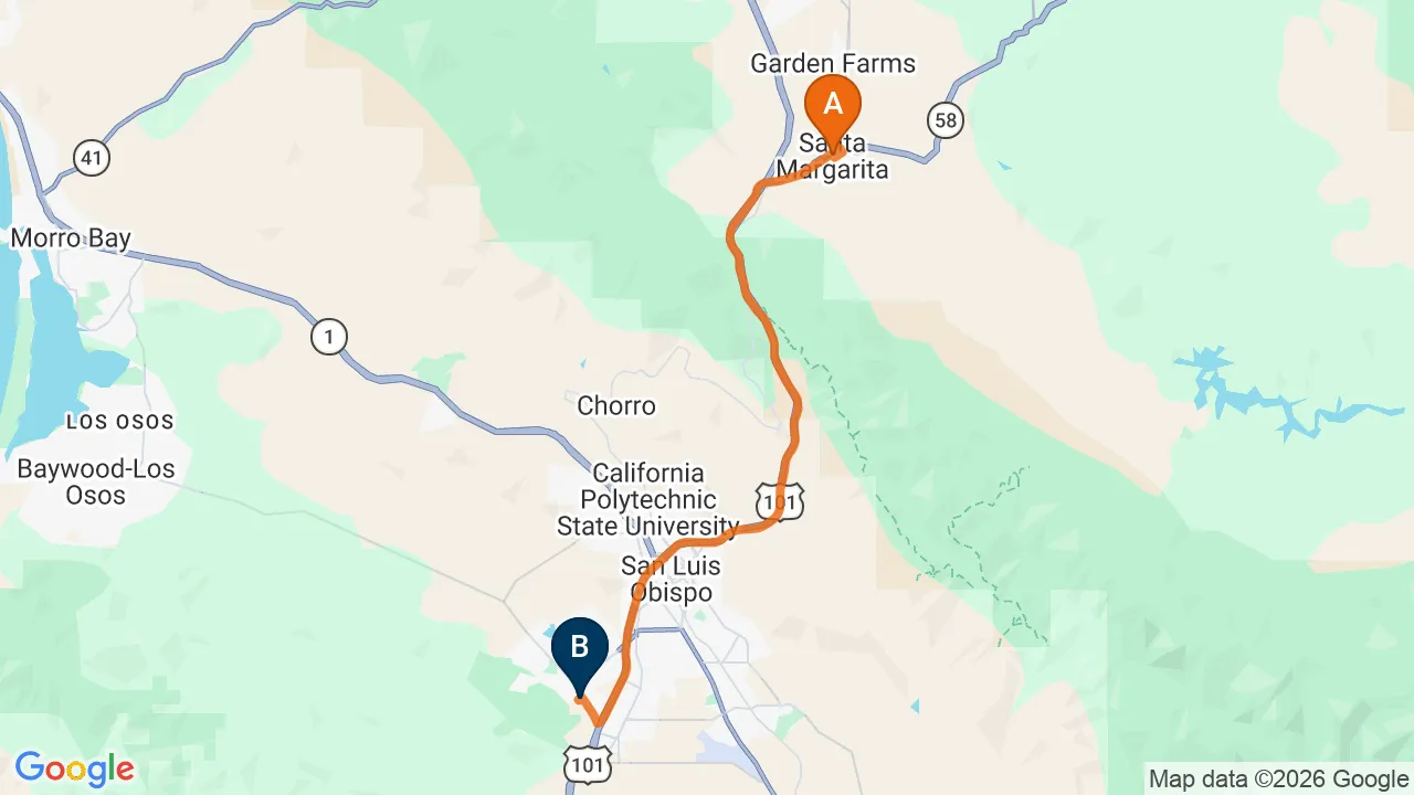 Map of the driving route from Santa Margarita to Momentum Chiropractic in San Luis Obispo