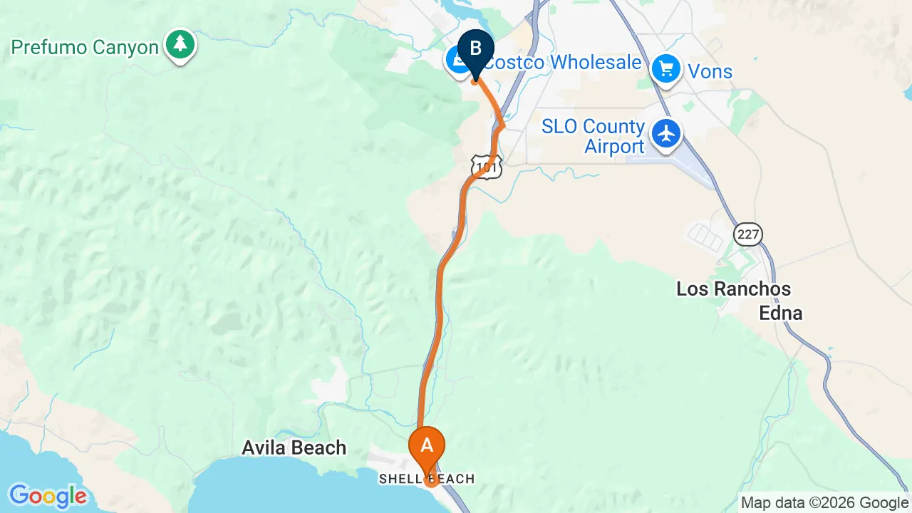 Map of the driving route from Shell Beach to Momentum Chiropractic in San Luis Obispo