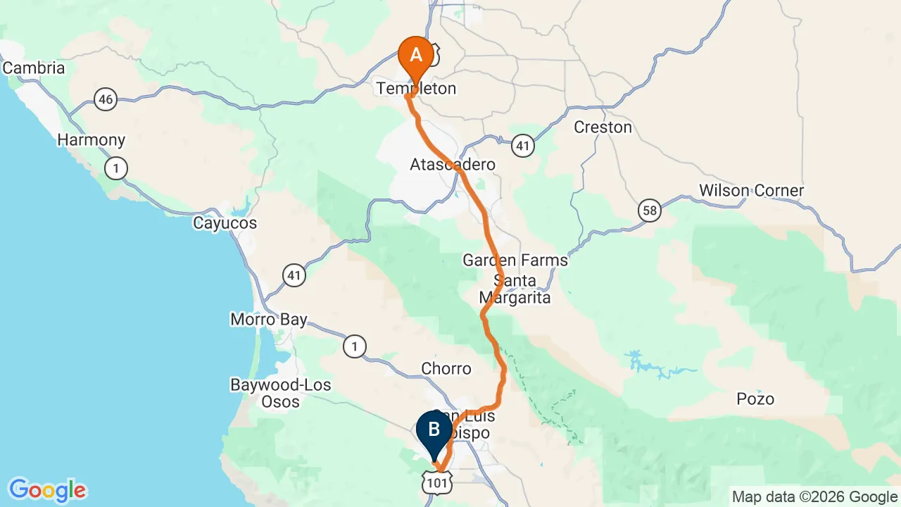 Map of the driving route from Templeton to Momentum Chiropractic in San Luis Obispo